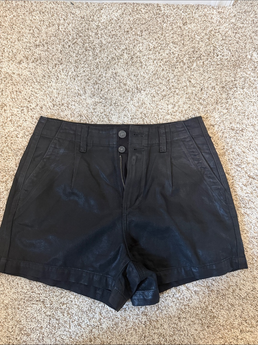PAIGE Black High-Waist Tailored Shorts Coated Denim